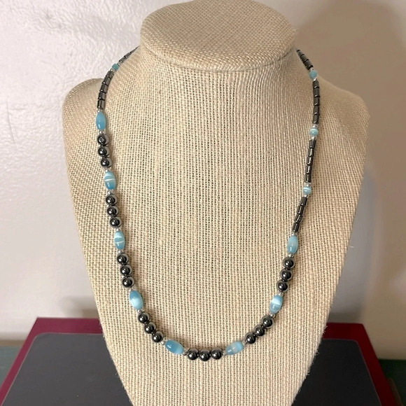 Hematite and Blue Glass Beaded Vintage 90s Necklace - Picture 1 of 6